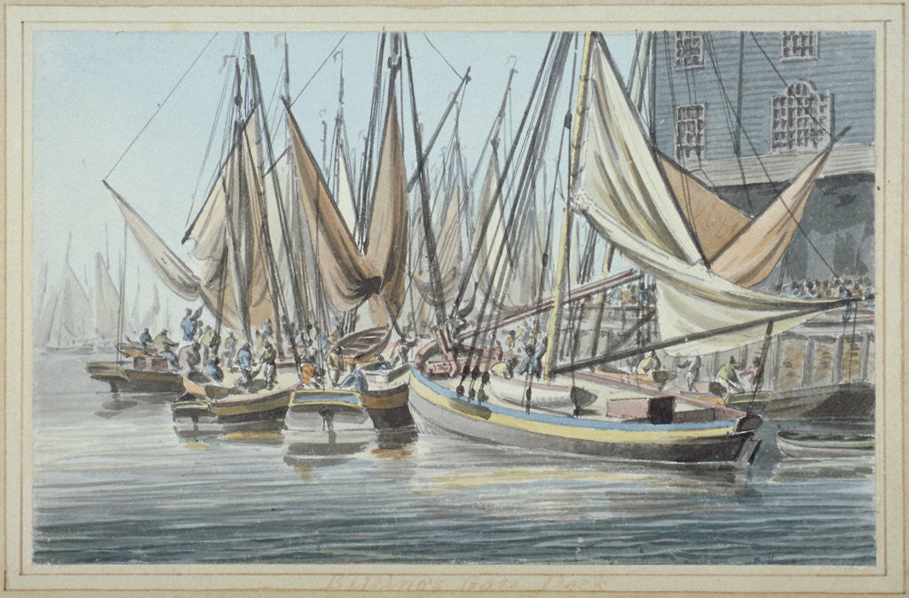 Detail of View of Billingsgate wharf with boats on the water, City of London by Robert Clevely