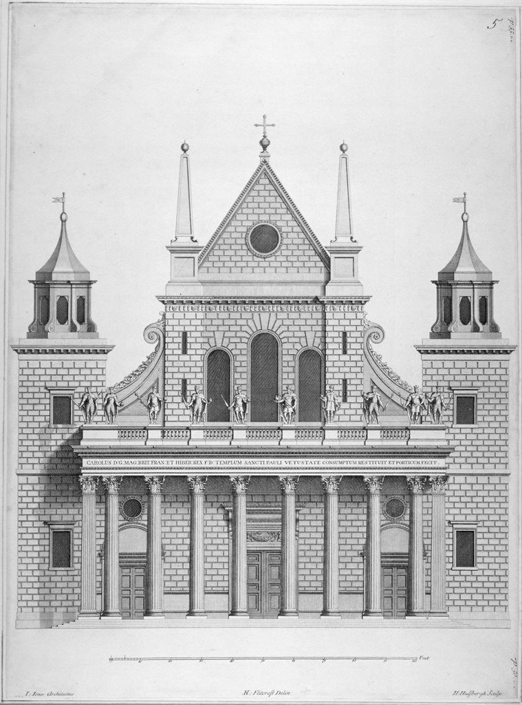 Detail of West front of the old St Paul's Cathedral, 1630s (1714) by Hendrick Hulsbergh