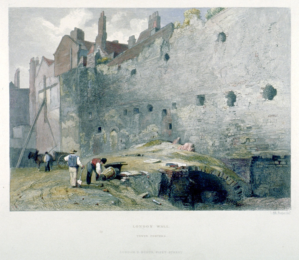 Detail of View of Tower Postern and London Wall with men digging, City of London by John Wykeham Archer