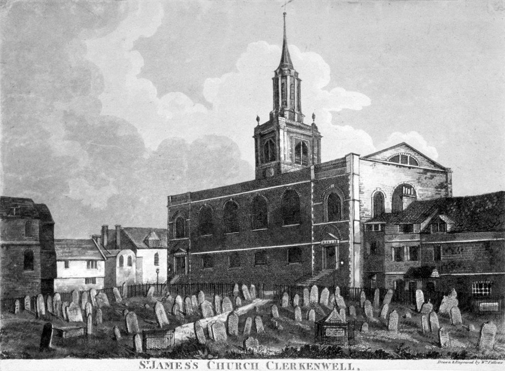 Detail of View of the church and graveyard of St James Clerkenwell, London by William Fellows