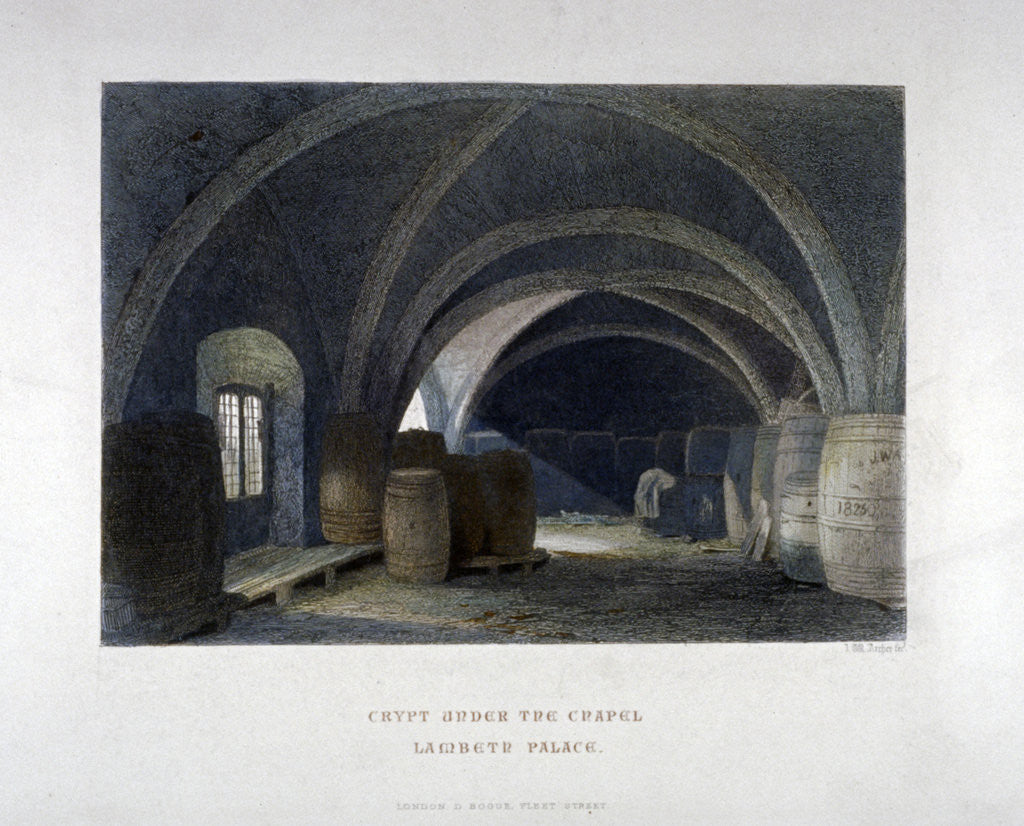 Detail of Crypt filled with barrrels under the chapel at Lambeth Palace, London by John Wykeham Archer