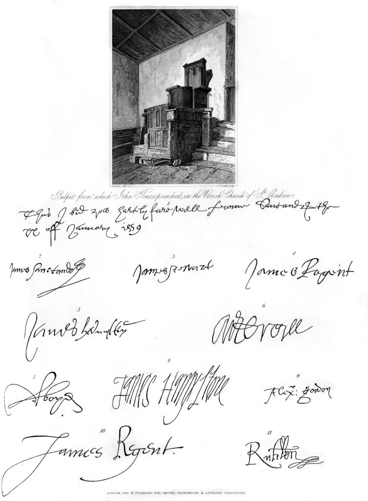 Detail of The pulpit of John Knox, and signatures of several eminent personages by C J Smith