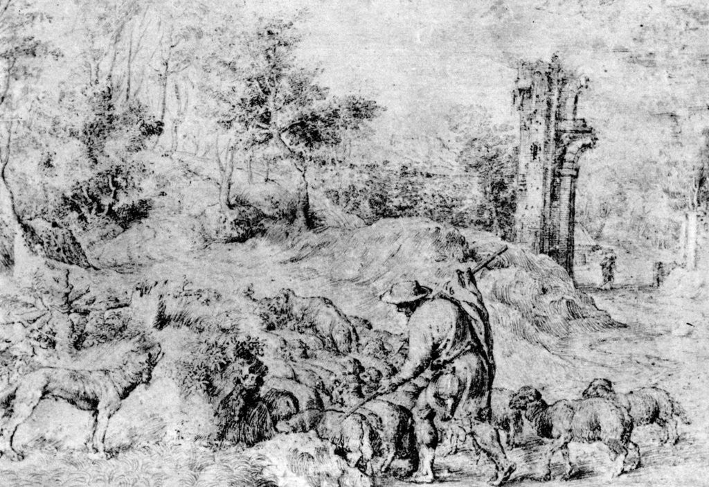 Detail of Landscape with Shepherd and Flock by Titian