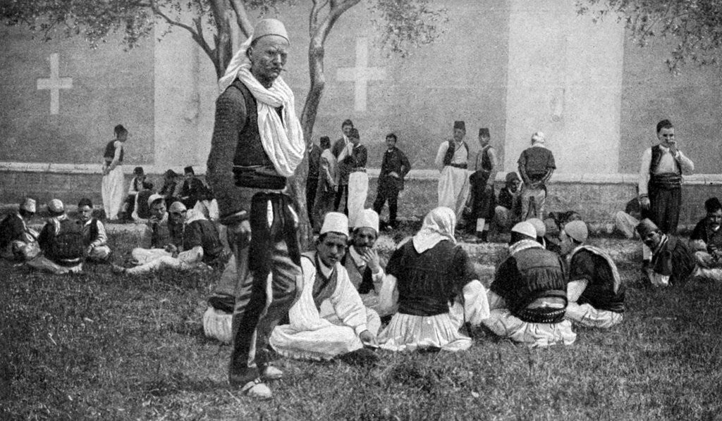 Detail of A meeting of Mirdite mountaineers and their town kinsmen outside a Scutari cathedral, Turkey by Anonymous