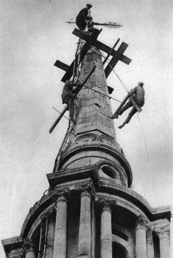 Detail of Steeplejacks on the spire of All Saints Church, Poplar, London by Anonymous