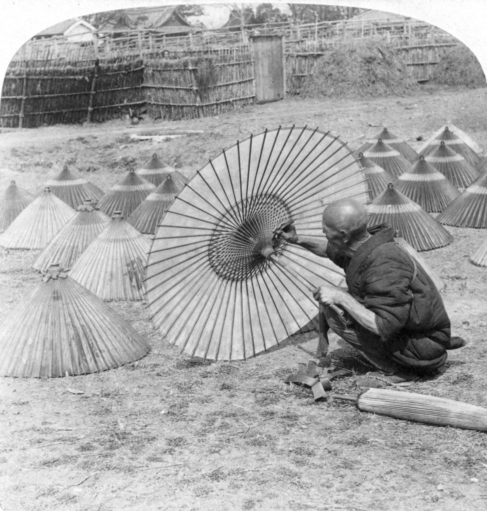 Detail of A Japanese umbrella maker, Kobe, Japan by Underwood & Underwood