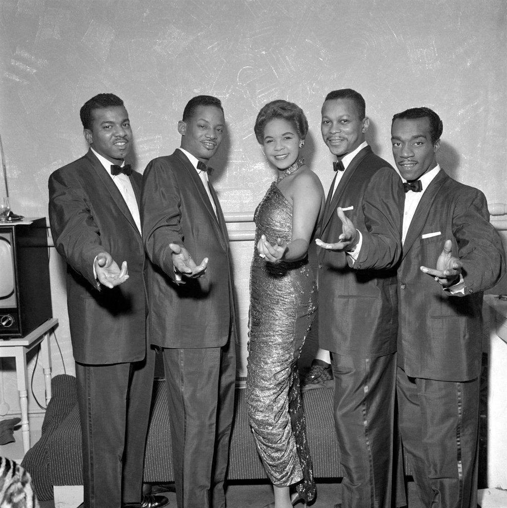 Detail of The Platters from left to right, Paul Robi, David Lynch, Zola Taylor, Tony Williams and Herb Reed, posing at the Palladium by Harry Hammond