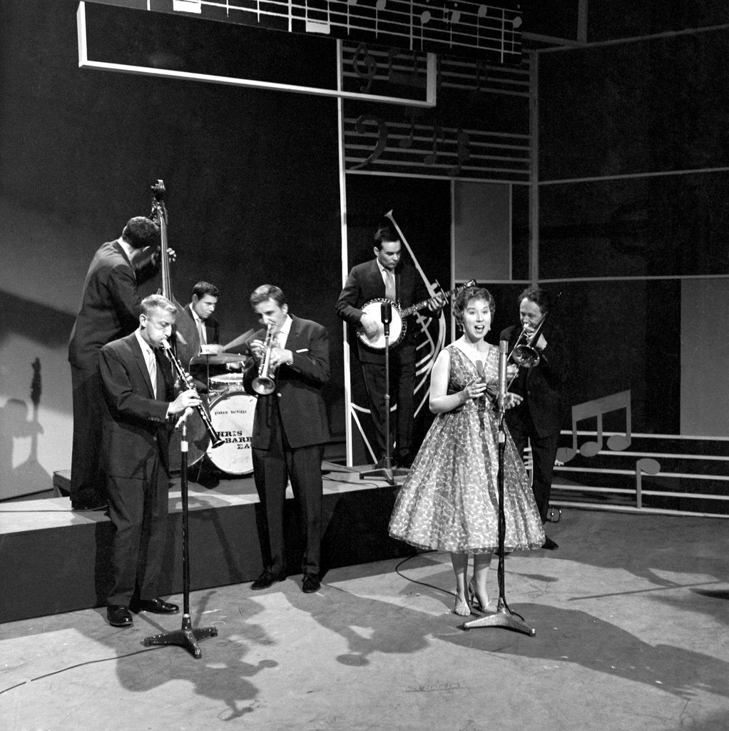 Detail of Chris Barber on stage with Ottillie Patterson and Johnny Duncan by Harry Hammond