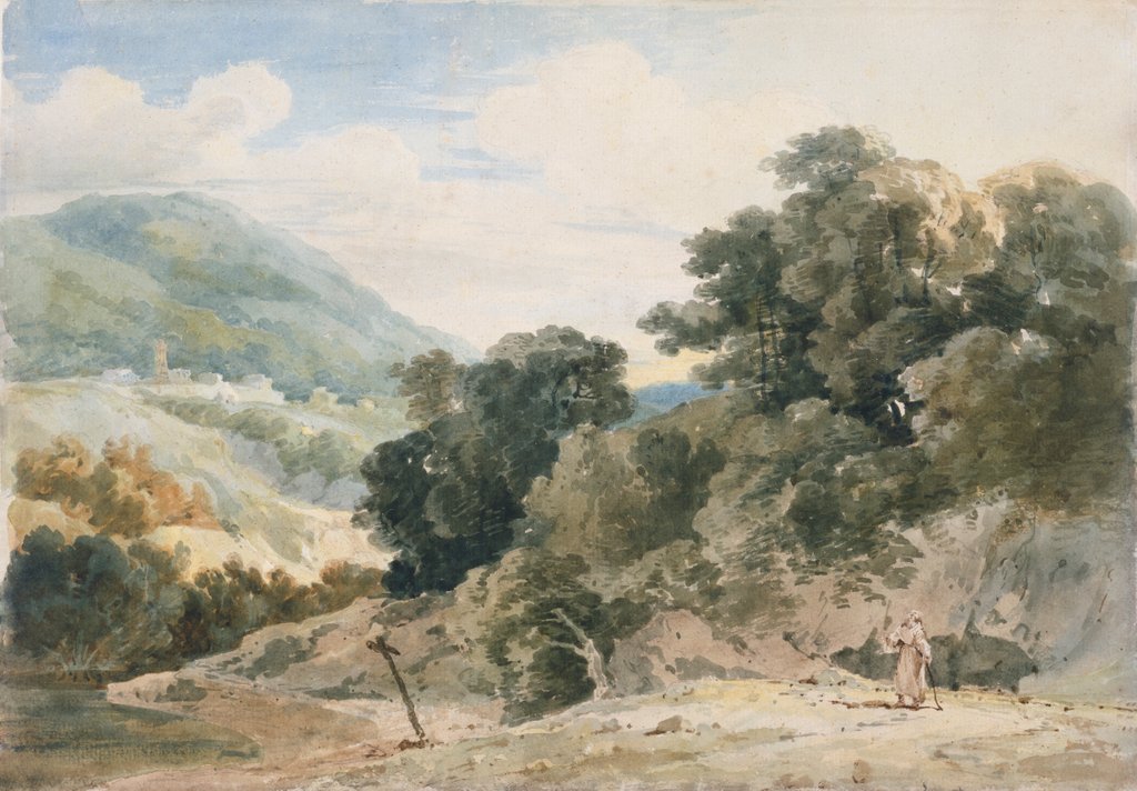 Detail of Landscape with hermit by Thomas Girtin