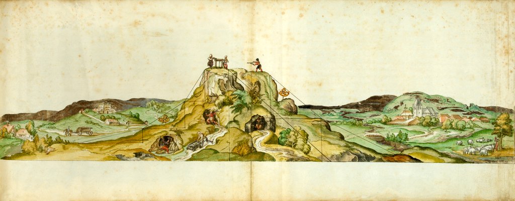 Detail of Manuscript showing people recording and measuring the landscape by Wenzel Jamnitzer