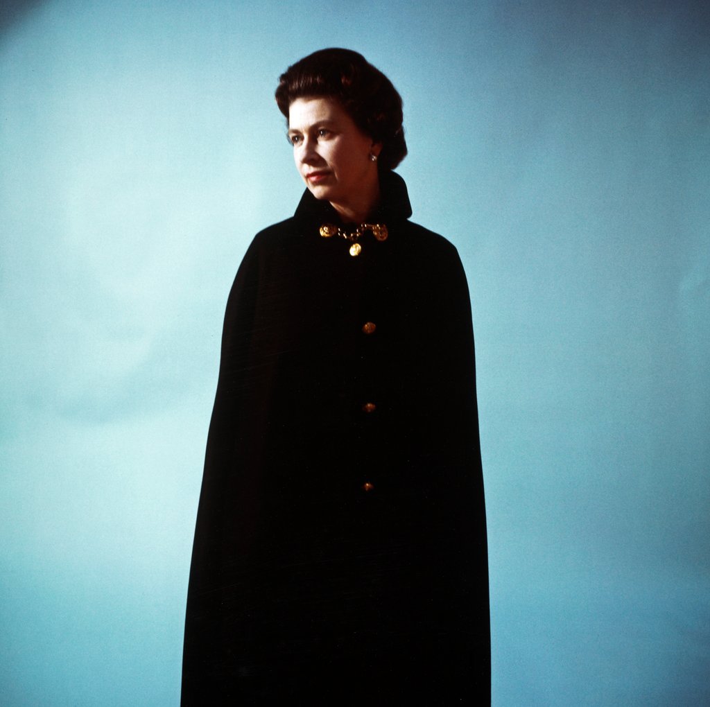 Detail of Queen Elizabeth II in an admiral's boat cloak by Cecil Beaton