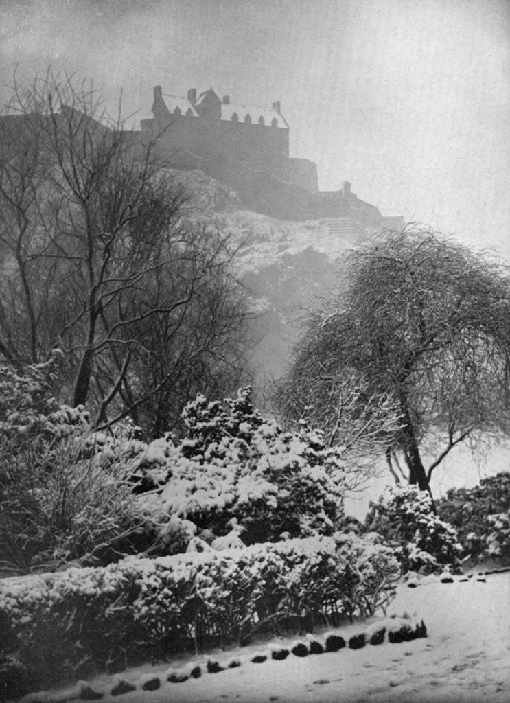 Detail of Edinburgh Castle in the snow, from Princes Street Gardens, Scotland by W Reid