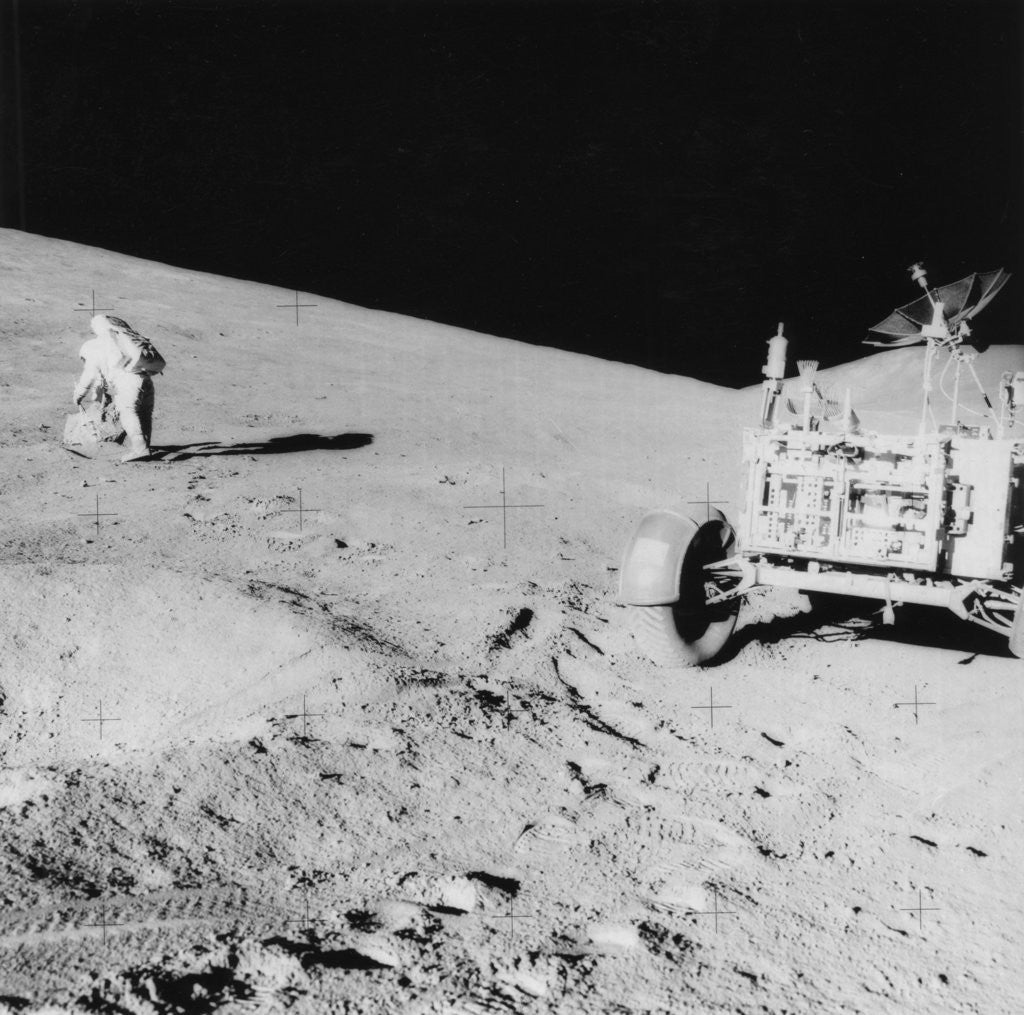 Detail of Astronaut David Scott (b1932) on the slope of Hadley Delta during Apollo 15 by NASA