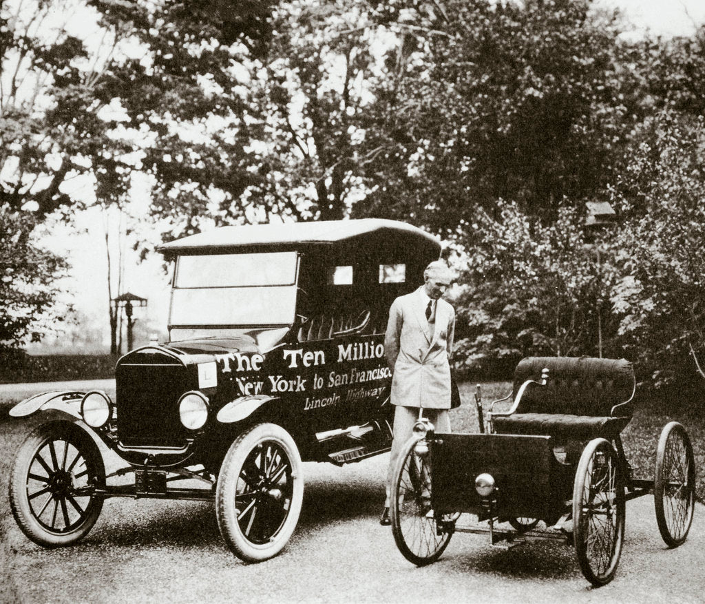 Detail of Henry Ford, American car manufacturer, with two of his cars by Anonymous