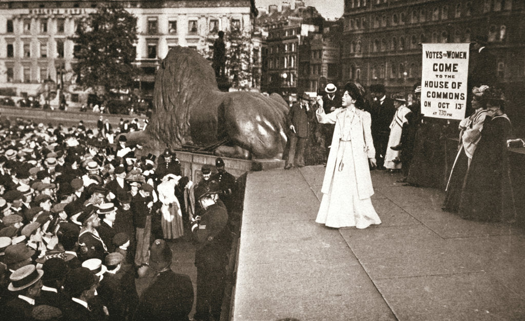 Detail of Christabel Pankhurst, British suffragette, addressing a crowd in Trafalgar Square, London, 1908 by Unknown