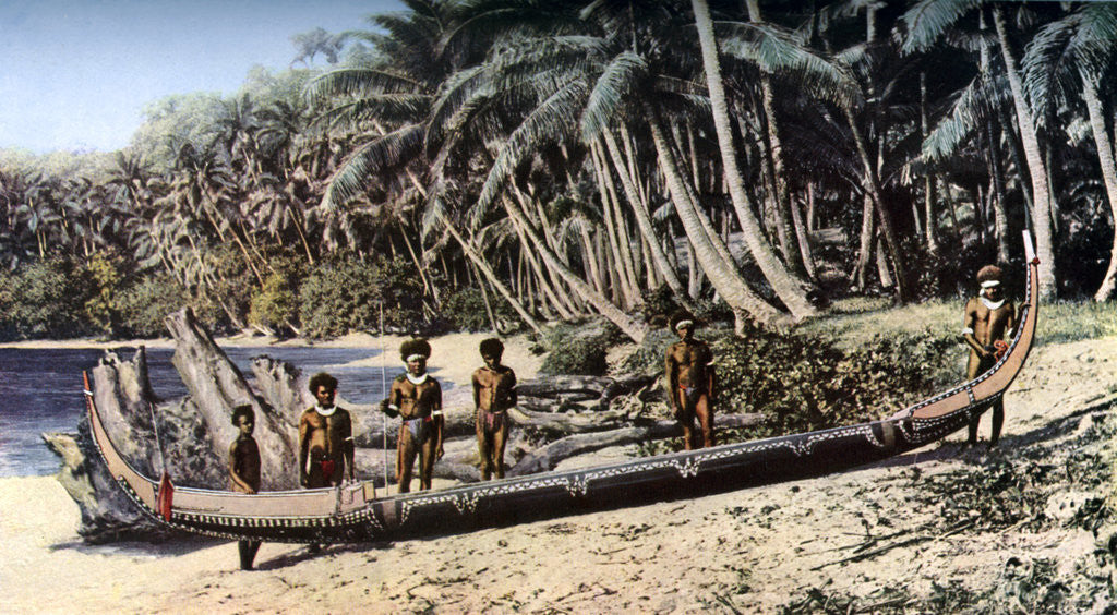 Detail of Native canoe on a palm shaded beach, Solomon Islands by York & Son