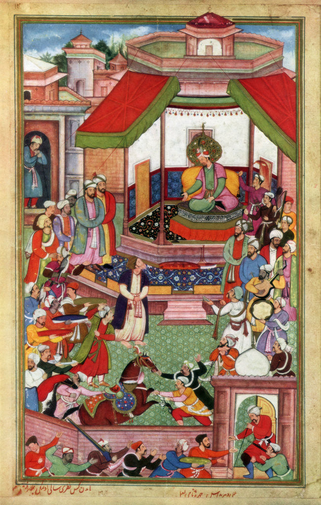 Detail of Abu'l-Fazl ibn Mubarak presenting the Akbarnama to Akbar by Anonymous