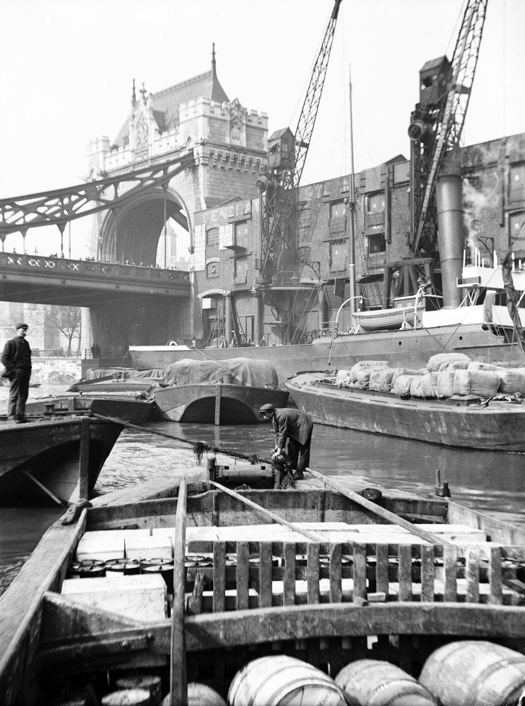 Detail of Lighters approaching the General Steam Navigation Company's wharf by Tower Bridge, London by Anonymous