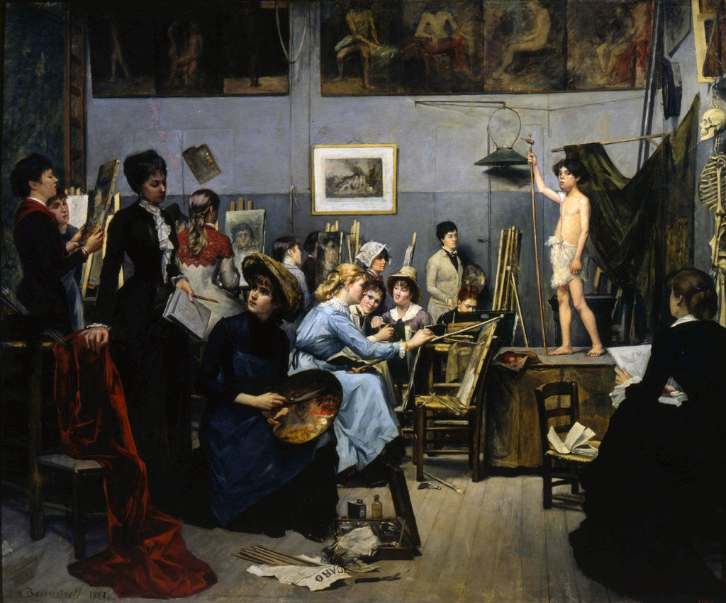 Detail of The Studio by Académie Julian, 1881. by Maria Konstantinowka Bashkirtseff