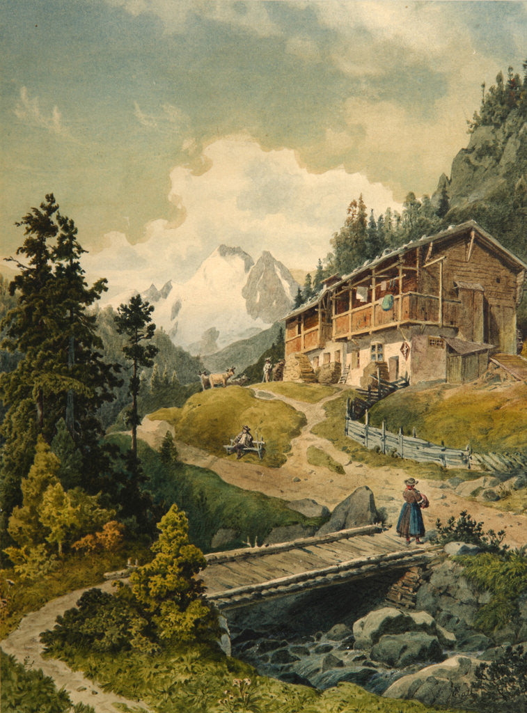 Detail of Alpine landscape with a bridge by Ferdinand Gatt