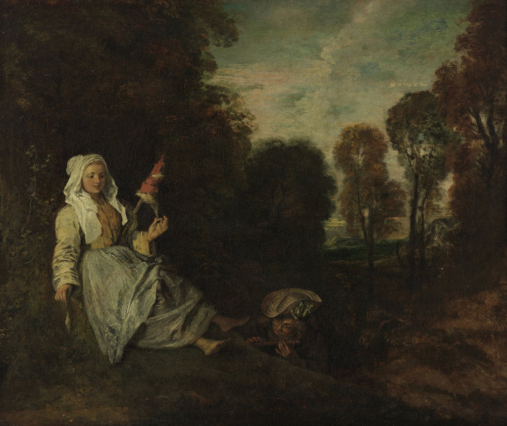 Detail of Evening Landscape with Spinner, ca 1715 by Jean Antoine Watteau