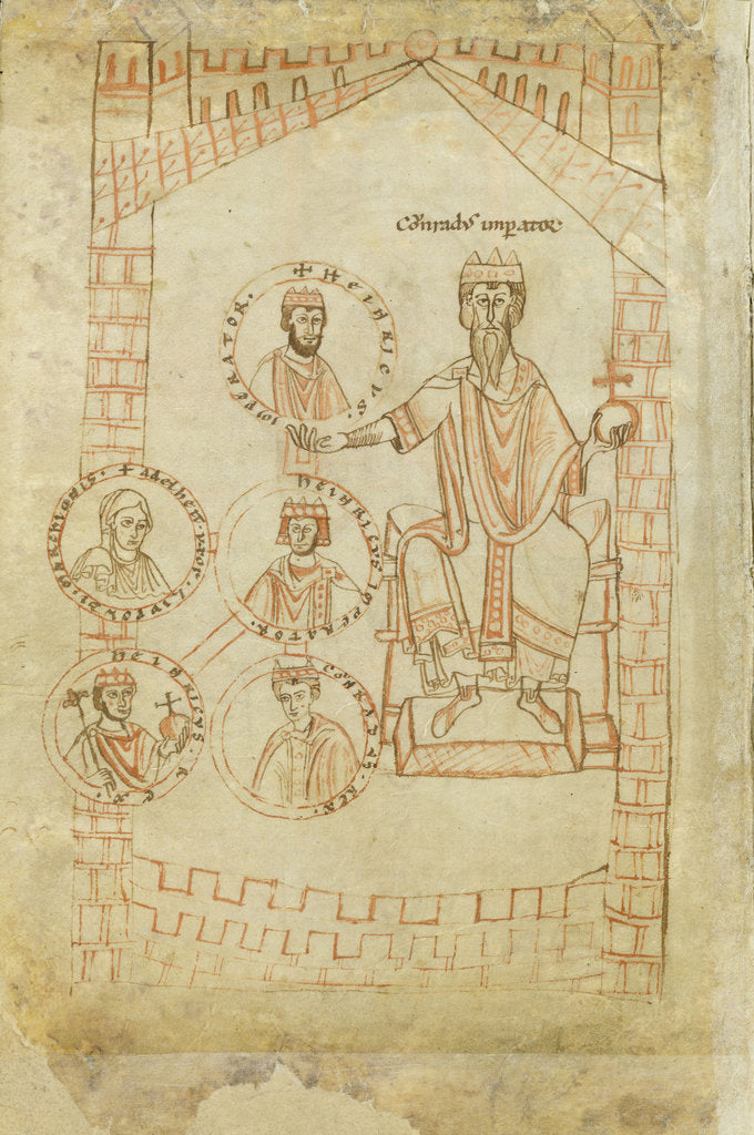 Detail of Salian Dynasty Family Tree: Conrad II, Henry III, Henry IV, his wife Eupraxia of Kiev, Henry V, 12th century by Ekkehard of Aura