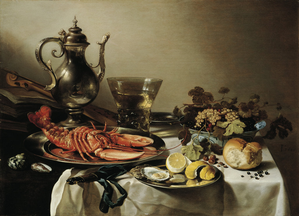 Detail of Table with lobster, silver jug, big Berkemeyer, fruit bowl, violin and books, 1641 by Pieter Claesz