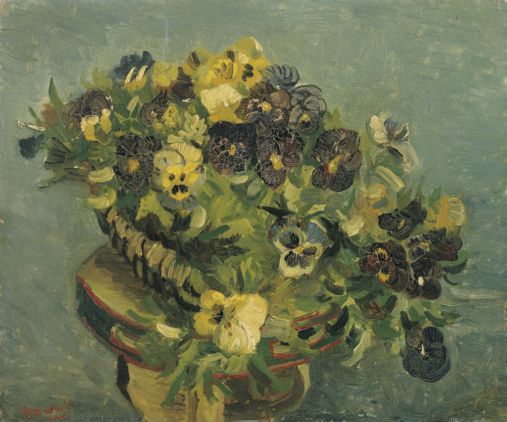 Detail of Basket of pansies on a small table, 1887 by Vincent van Gogh