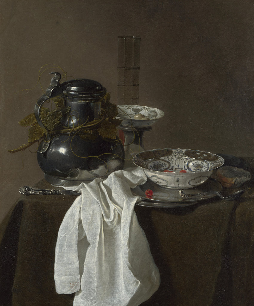 Detail of Still Life with a Pewter Flagon and Two Ming Bowls, 1651 by Jan Jansz. Treck