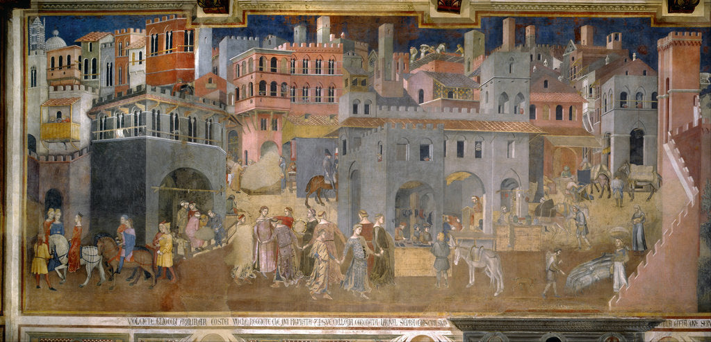 Detail of Effects of Good Government in the city (Cycle of frescoes The Allegory of the Good and Bad Government), 1338-1339 by Ambrogio Lorenzetti