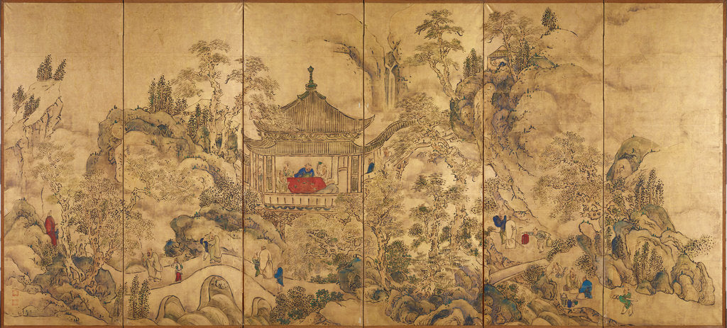 Detail of Roukaku Sansui Zu (Landscape with tower) Left of a pair of six-section folding screens, c. 1750 by Ike no Taiga