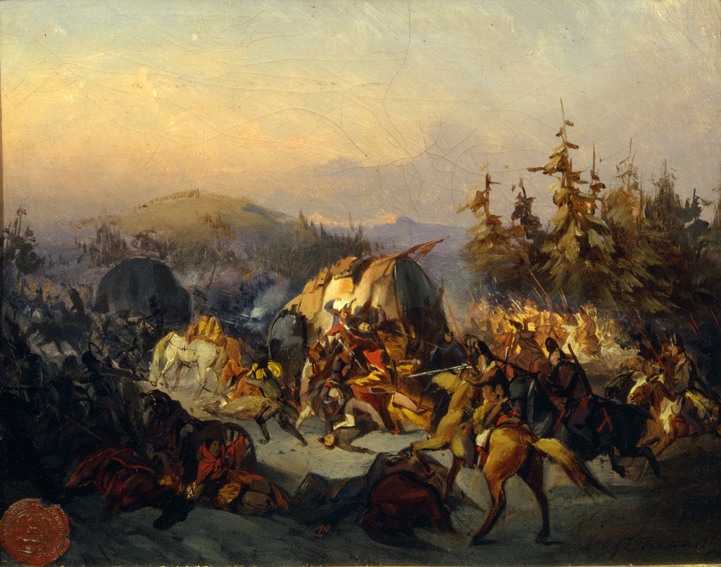 Detail of Russian Cossacks attack French troops in transit by Konstantin Nikolayevich Filippov