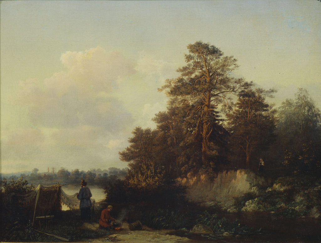 Detail of Landscape with Anglers, 1852 by Valerian Konstantinovich Kamenev