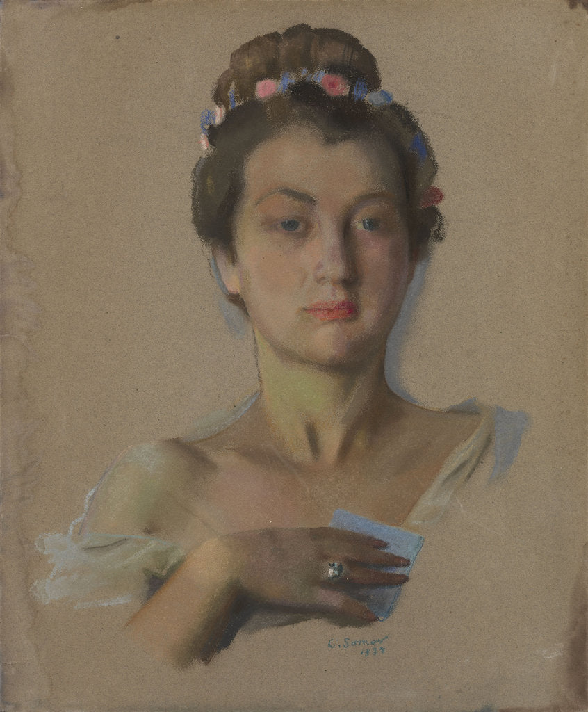 Detail of Portrait of Alexandra Levchenko, 1934 by Konstantin Andreyevich Somov