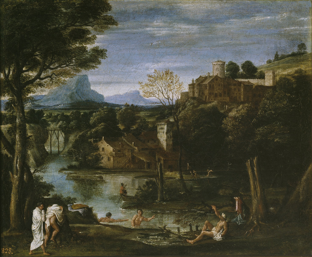 Detail of Landscape with river and bathers by Annibale Carracci