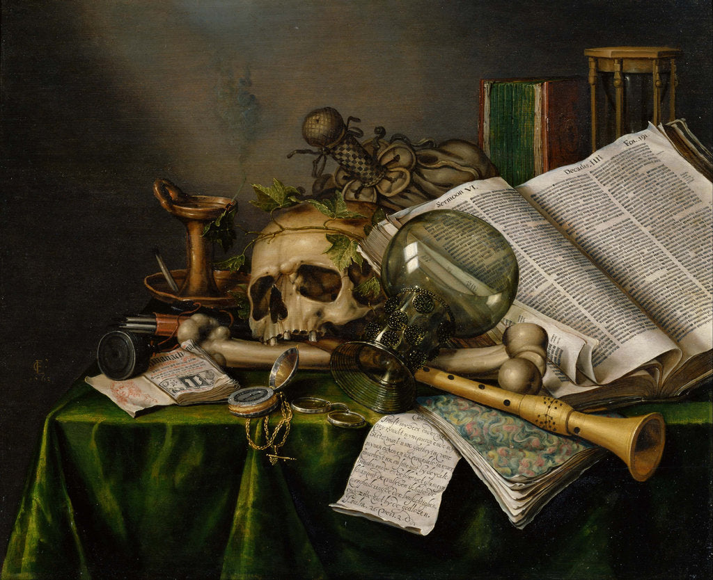 Detail of Vanitas. Still Life with Books, Manuscripts and a Skull by Edward Collier