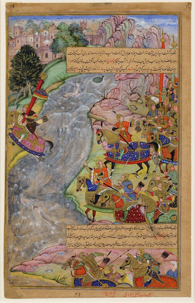 Detail of Jalal al-Din Khwarazm-Shah crossing the rapid Indus river, escaping Chinggis Khan and his army, 1597 by Dharm Das