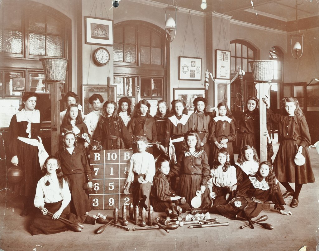 Detail of Girls sports club members, Cromer Street School/Argyle School, St Pancras, London, 1906 by Unknown