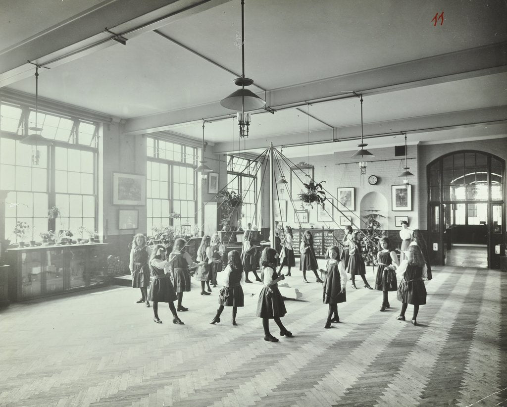 Detail of Girls dancing around a maypole, Hugon Road School, Fulham, London, 1907 by Unknown