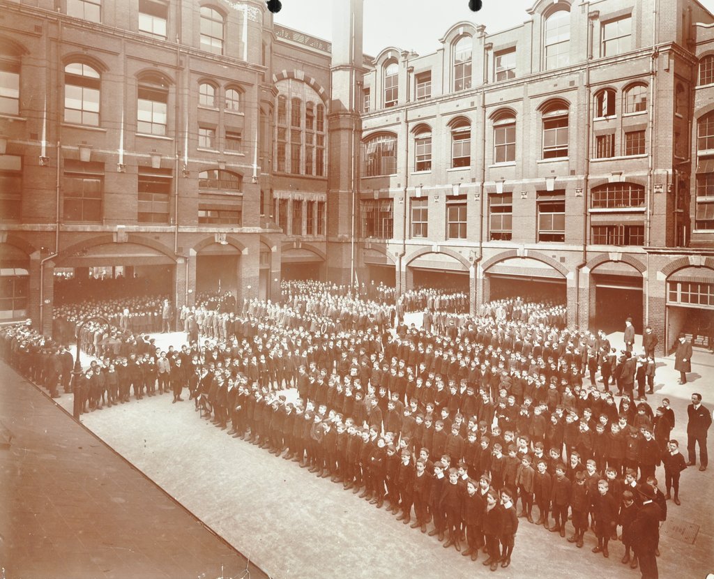 Detail of Assembly in the playground, Jews' Free School, Stepney, London, 1908 by Unknown