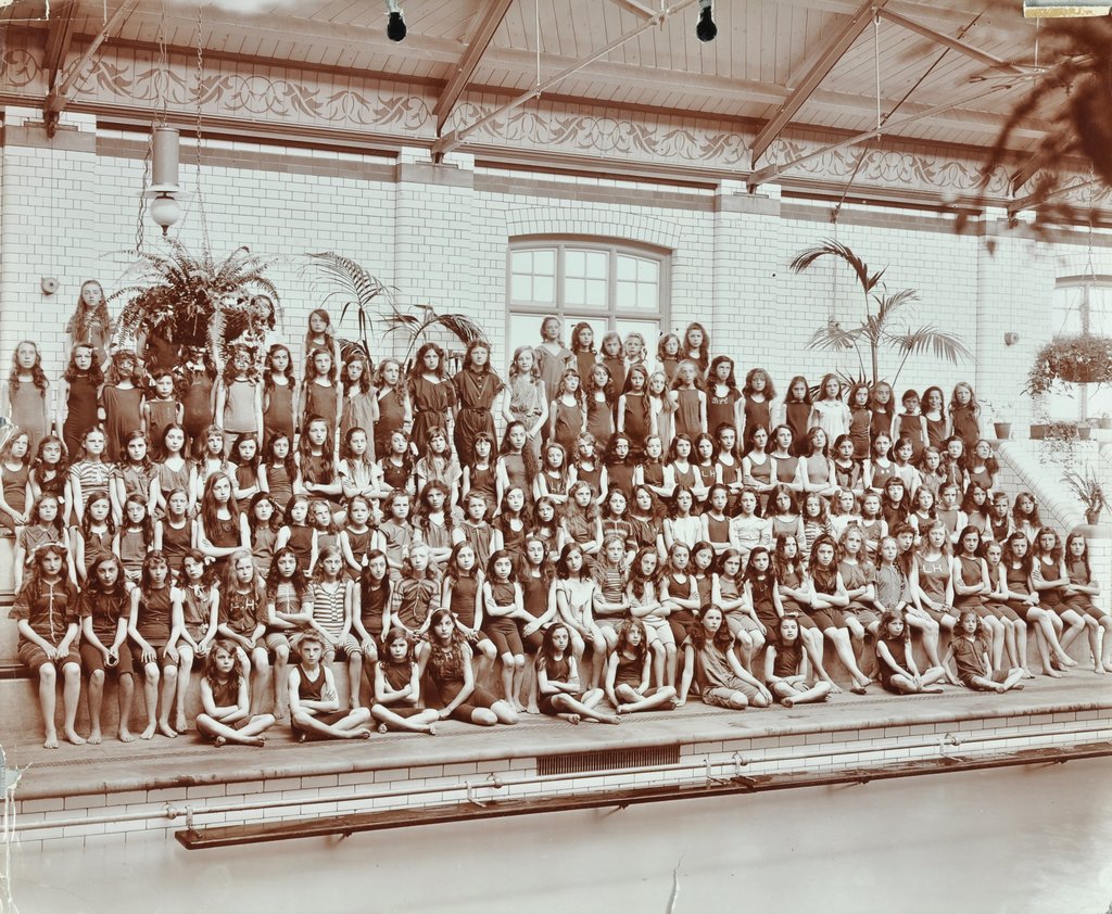 Detail of Swimming class, Lavender Hill Girls School, Bermondsey, London, 1906 by Unknown