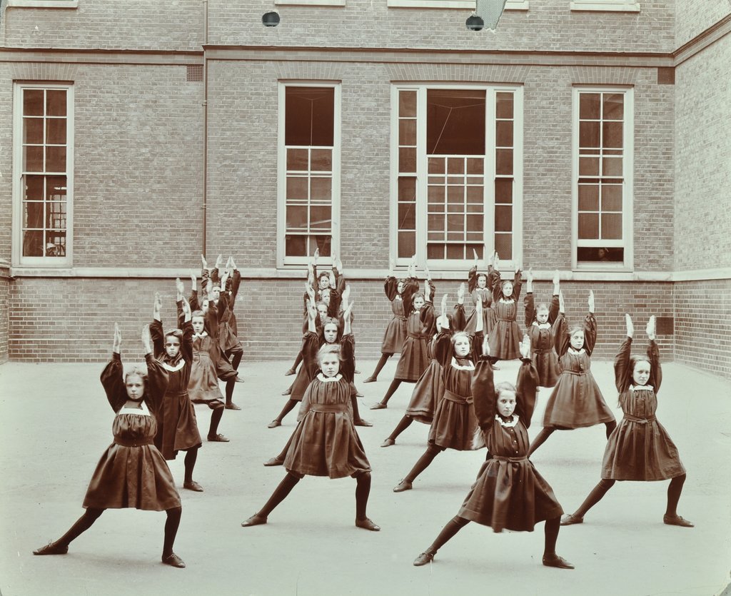 Detail of Girls' exercise drill, Montem Street School, Islington, London, 1906 by Unknown