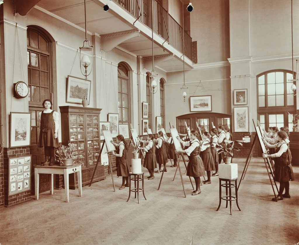 Detail of Drawing class, Myrdle Street Girls School, Stepney, London, 1908 by Unknown