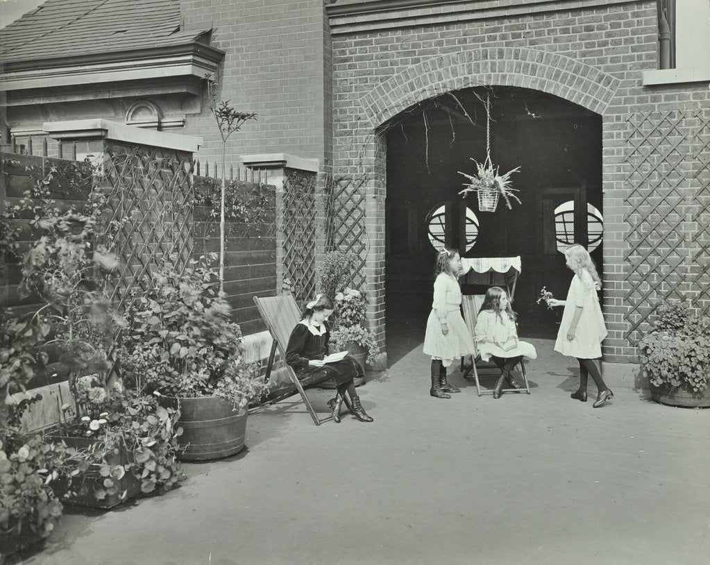 Detail of Girls relaxing in a roof top garden, White Lion Street School, London, 1912 by Unknown