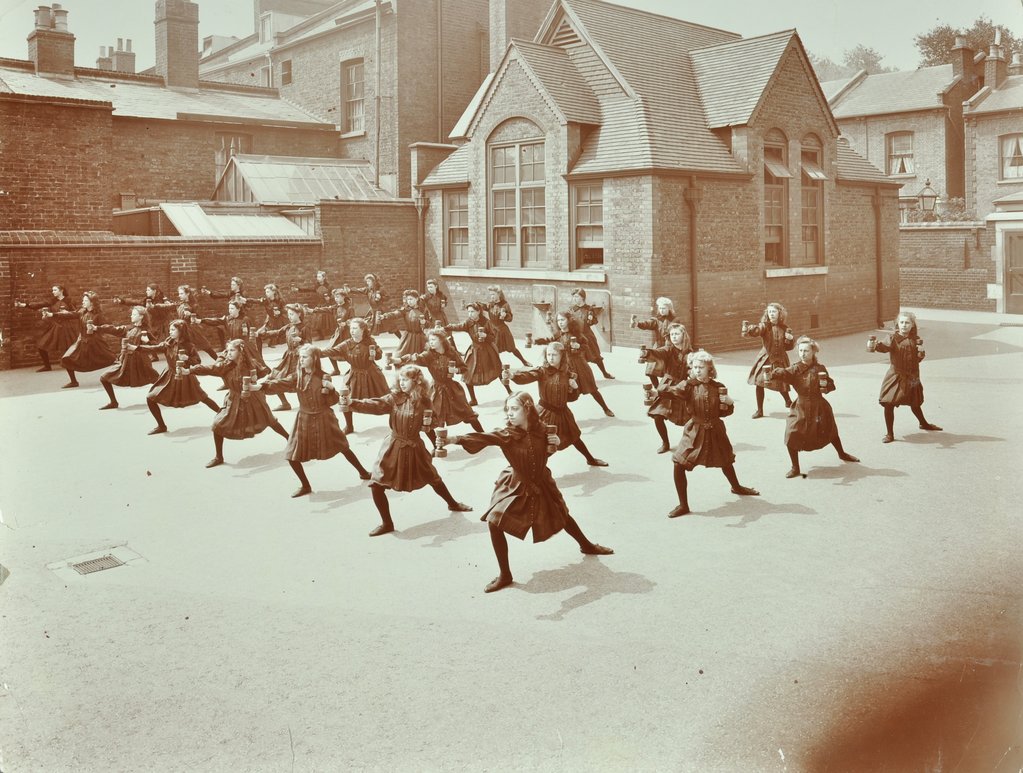 Detail of Girls doing drill in the playground, Wilton Road School, London, 1907 by Unknown