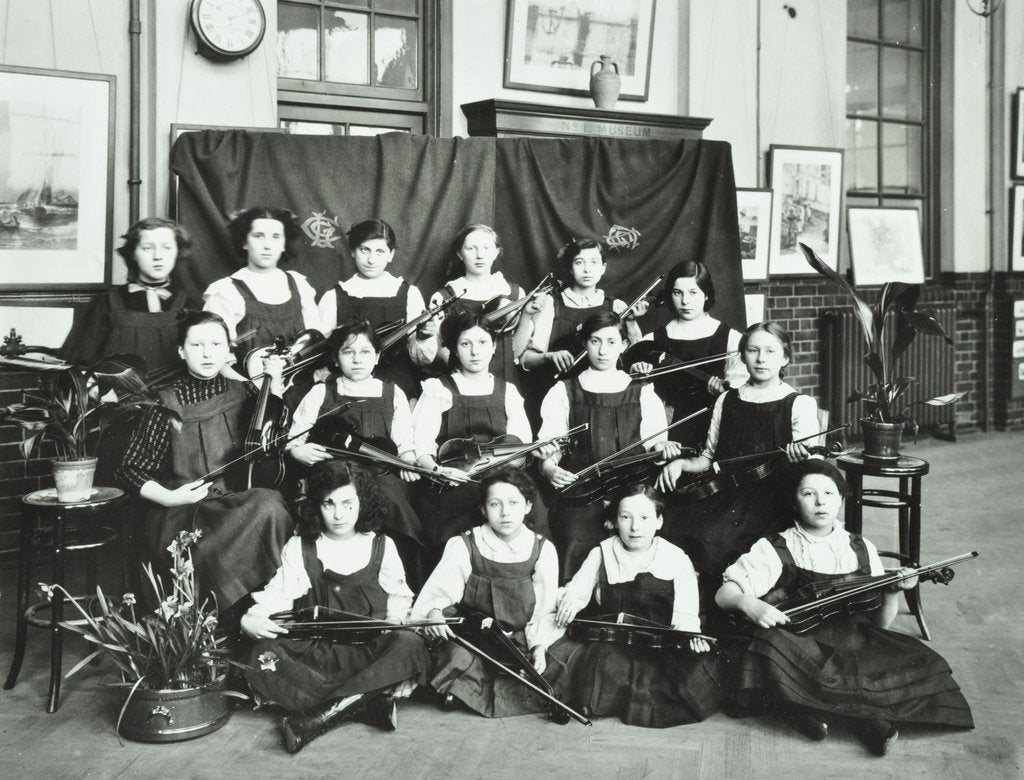 Detail of Girls swimming championship team with their shield, Tollington Park Central School, London, 1915 by Unknown