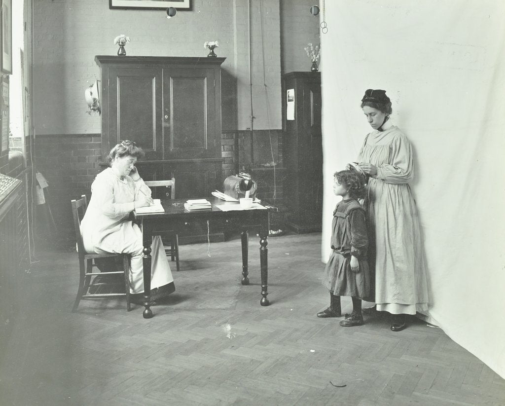 Detail of School nurse examining girls' hair for head lice, Chaucer School, London, 1911 by Unknown