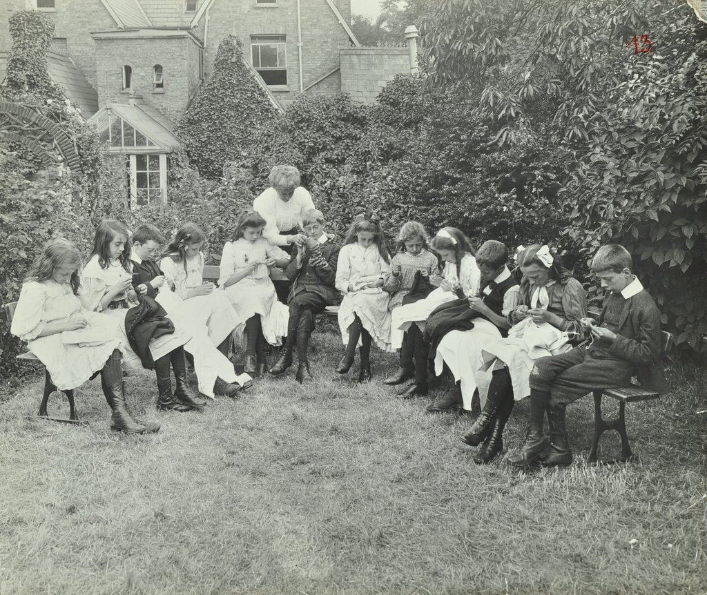 Detail of Pupils in the garden doing needlework, Birley House Open Air School, Forest Hill, London, 1908 by Unknown