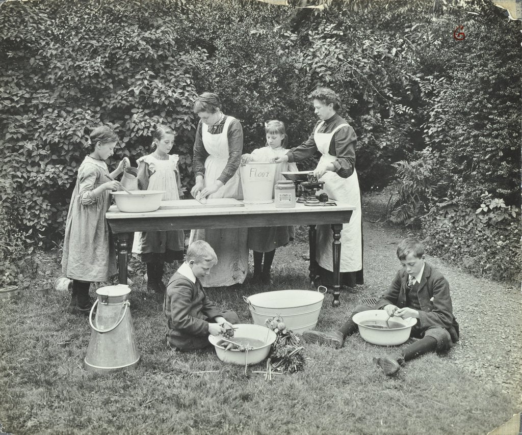 Detail of Pupils preparing food outdoors, Birley House Open Air School, Forest Hill, London, 1908 by Unknown