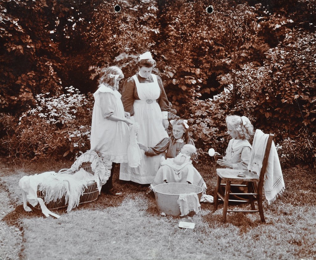 Detail of Girls learning infant care, Birley House Open Air School, Forest Hill, London, 1908 by Unknown